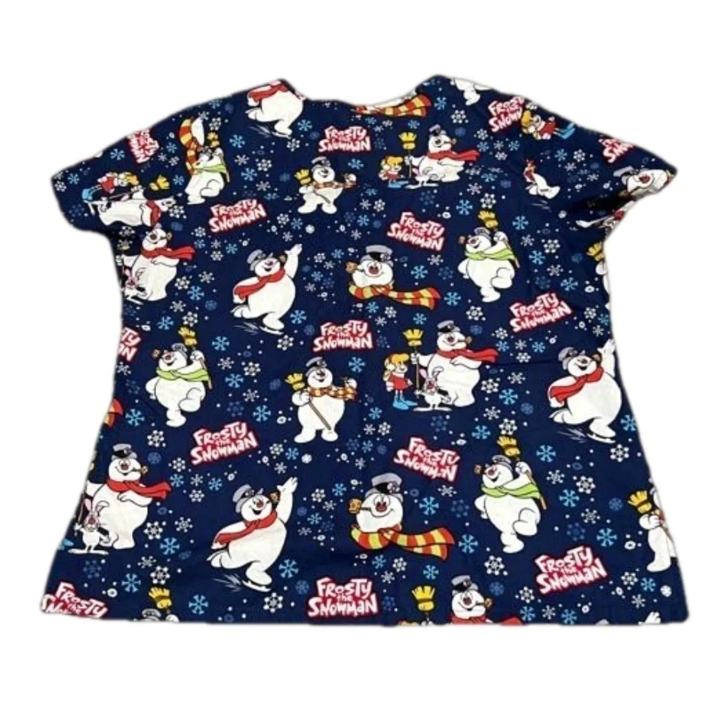 Warner Bros Frosty The Snowman Scrub Top Blue Snowman Snowflake Women Size L
